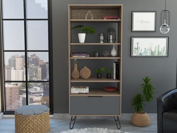 Vegas Bleached Oak Effect and Grey Tall Display Bookcase with Drawer